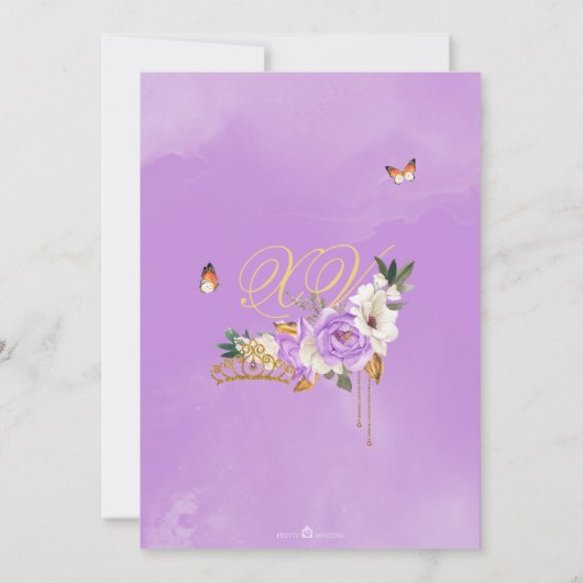 Lavender Floral Gold Tiara Butterfly Quinceanera Einladung (Rückseite)