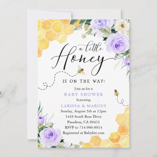 Lavender Floral Honey Bee Baby Dusche Einladung (Vorderseite)