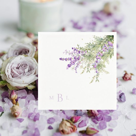 Lavender Floral Monogram Wedding Cocktail Serviette