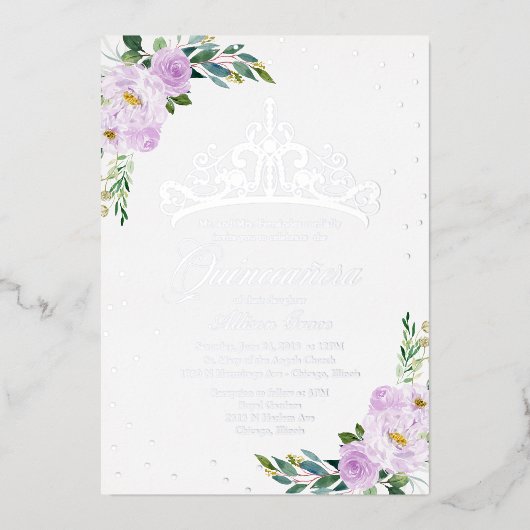 Lavender Floral Quinceanera Folieneinladung (Vorderseite)