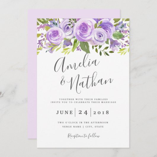 Lavender Floral Rose Hochzeit Einladung (Vorne/Hinten)