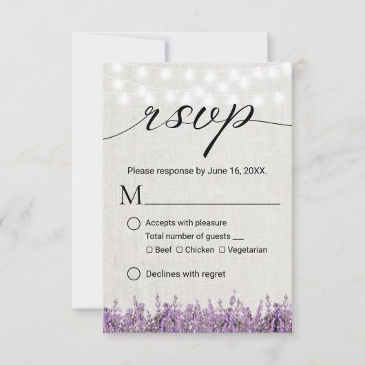 Lavender Floral Rustic Linen Wedding RSVP (Vorderseite)
