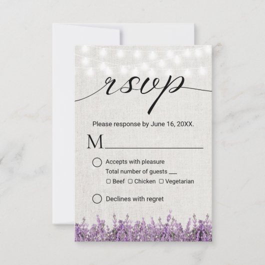 Lavender Floral Rustic Linen Wedding RSVP Karte (Vorderseite)