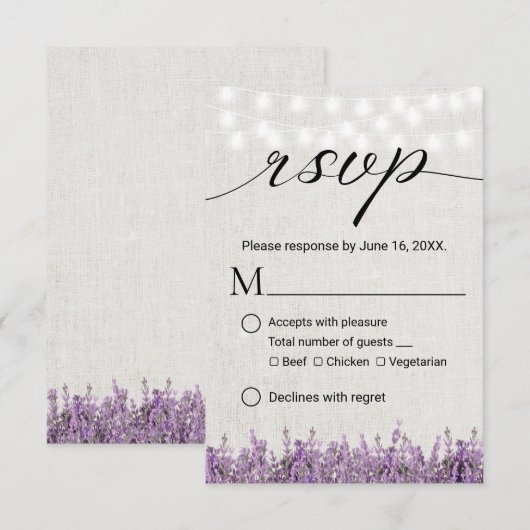 Lavender Floral Rustic Linen Wedding RSVP Karte (Vorne/Hinten)