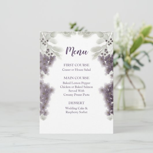 Lavender Floral Watercolor Wedding Menu Menükarte (Stehend Vorderseite)