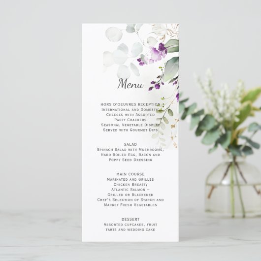 Lavender Floral Wedding Menü grün Menükarte (Stehend Vorderseite)