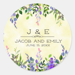Lavender Floral Yellow Wedding Danke Monogram Runder Aufkleber