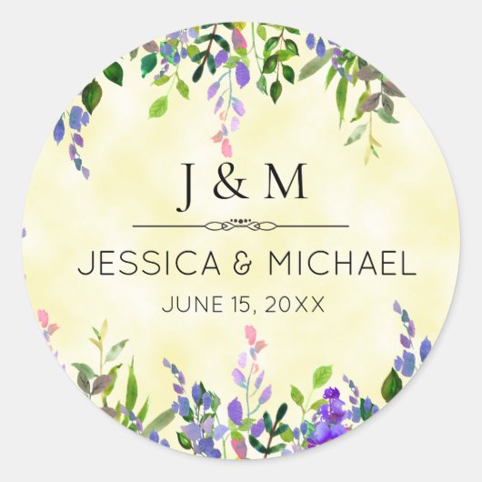 Lavender Floral Yellow Wedding Danke Monogram Runder Aufkleber (Vorderseite)