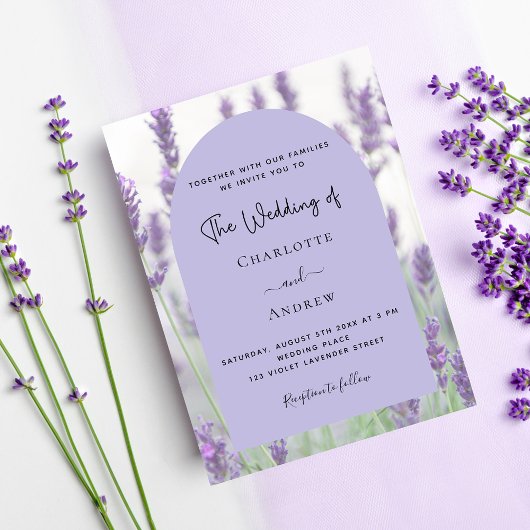 Lavender florals arch budget Hochzeitseinladung