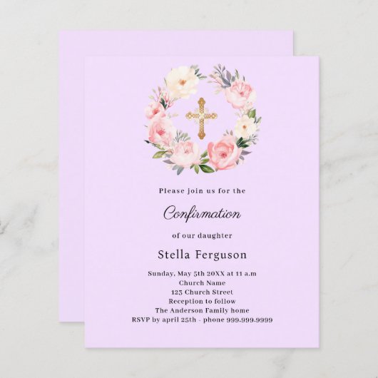 Lavender florals cross Confirmation invitation (Vorne/Hinten)