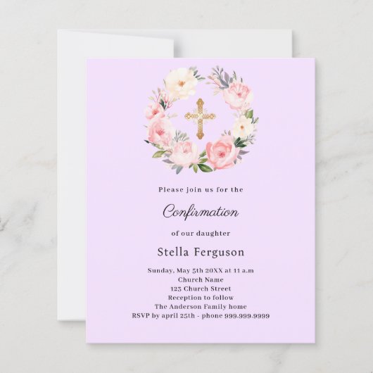 Lavender florals cross Confirmation invitation (Vorderseite)