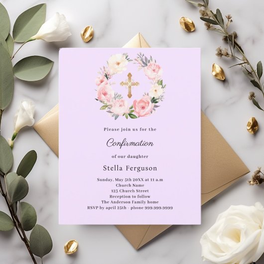 Lavender florals cross Confirmation invitation