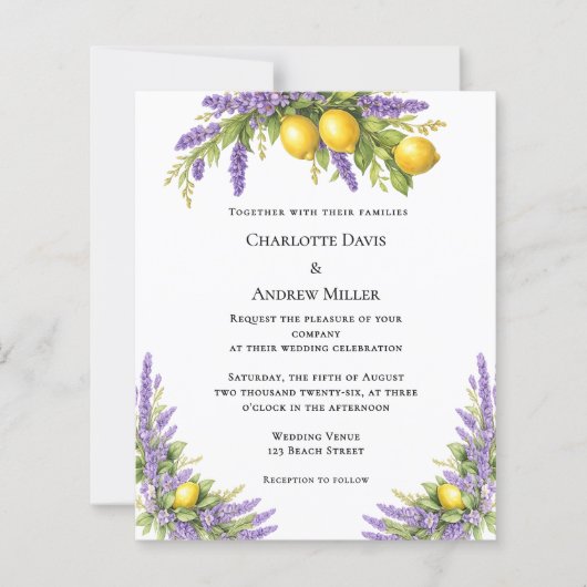 Lavender florals lemons wedding invitation (Vorderseite)