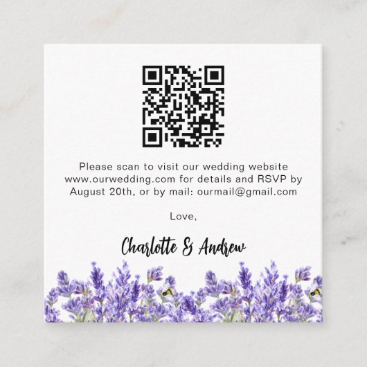 Lavender florals QR Code Hochzeit RSVP Begleitkarte (Vorderseite)