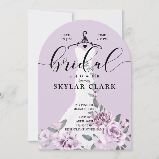 Lavender Florals White Wedding Dress Brautparty Einladung (Vorderseite)