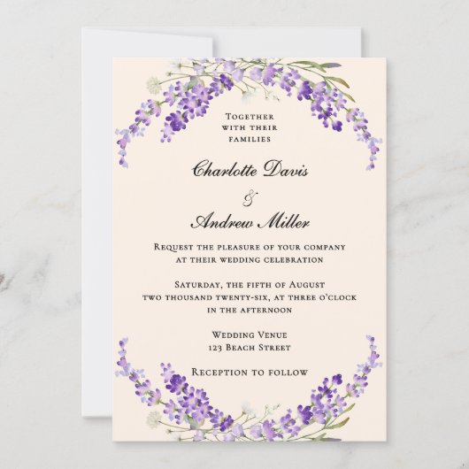 Lavender flowers champage cream wedding einladung (Vorderseite)
