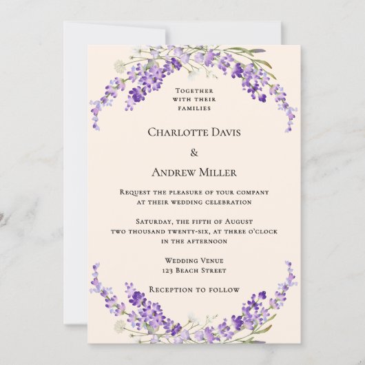 Lavender flowers champage cream wedding einladung (Vorderseite)
