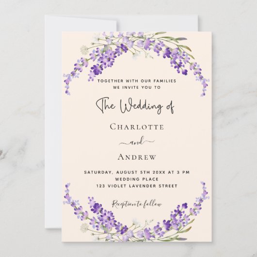 Lavender flowers champage cream wedding einladung (Vorderseite)