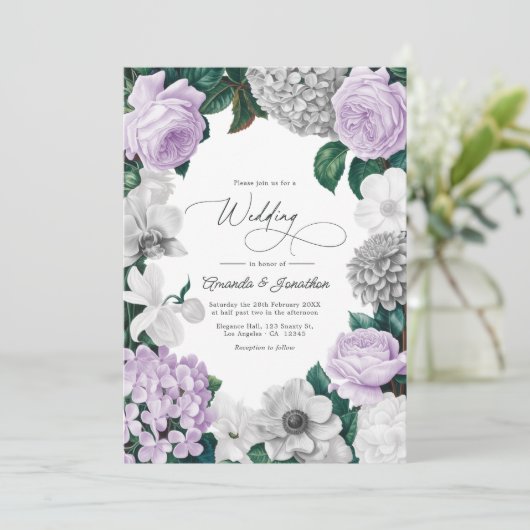Lavender Fog, Heather Gray & Winter White Wedding Einladung (Stehend Vorderseite)