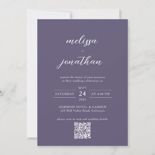 Lavender Foto Script Monogram QR Code Hochzeit Einladung (Vorderseite)