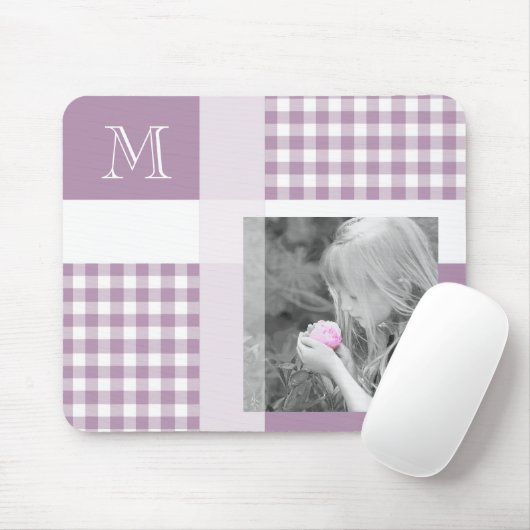 Lavender Fügen Sie Ihr Foto Gingham Modern Monogra Mousepad (Mit Mouse)