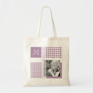 Lavender Fügen Sie Ihr Foto Gingham Modern Monogra Tragetasche