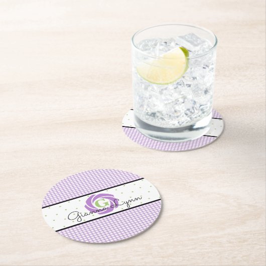 Lavender Gingham Mit Monogramm Runder Pappuntersetzer (Vor Ort)