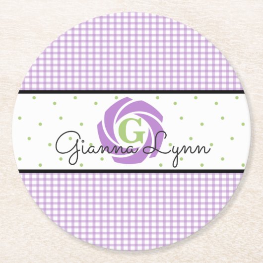 Lavender Gingham Mit Monogramm Runder Pappuntersetzer (Vorderseite)