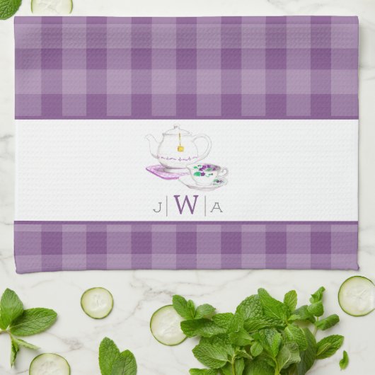 Lavender Gingham Mit Monogramm Tea Party Geschirrtuch (Gefaltet)