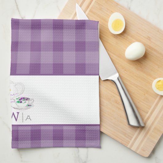 Lavender Gingham Mit Monogramm Tea Party Geschirrtuch (Viertel Falte)
