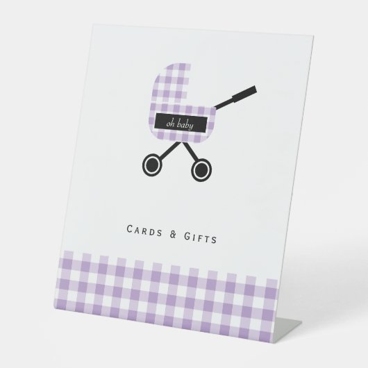 Lavender Gingham Pram Baby Duschkarten Sockelschild (Vorderseite)