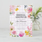 Lavender Gingham Spring Floral Bridal Shower Einladung (Stehend Vorderseite)