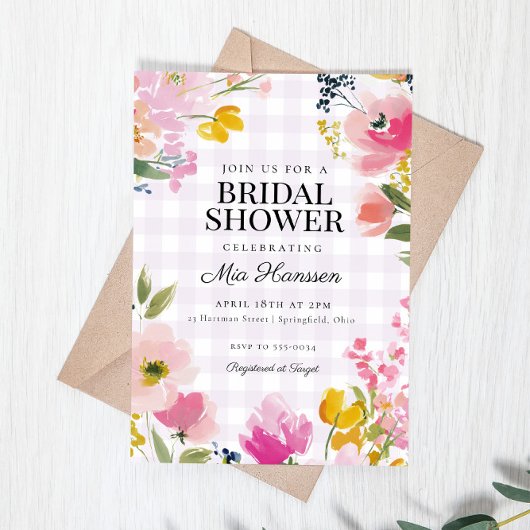 Lavender Gingham Spring Floral Bridal Shower Einladung