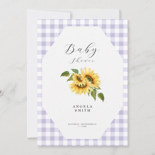 Lavender Gingham Sunflower Generic Baby Shower Einladung (Vorderseite)