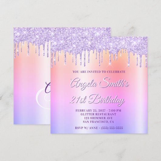 Lavender Glitter Drips Shimmer Drop Shadow Einladung (Vorne/Hinten)