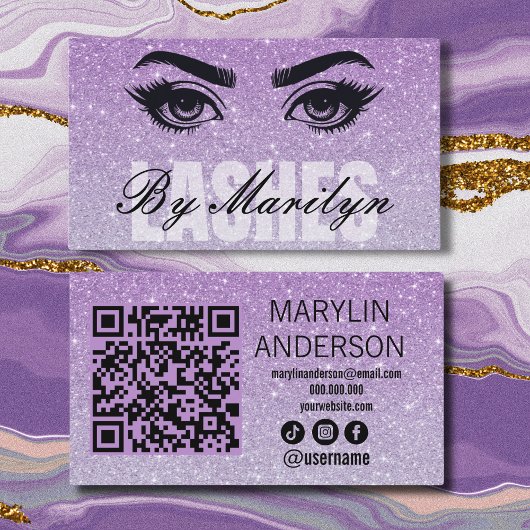 Lavender Glitzer Ombre Lash Tech QR Code Scannable Visitenkarte