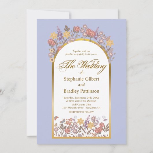 Lavender Gold Botanische Blumen Elegante Hochzeit Einladung (Vorderseite)
