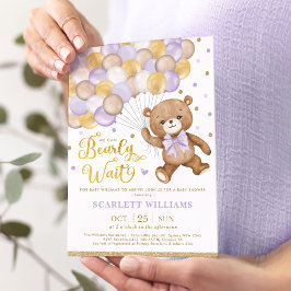 Lavender Gold Brown Teddy Bear Girl Baby Dusche Einladung