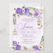 Lavender Gold Butterfly Floral Elegantes Quinceañe Einladung (Vorderseite)