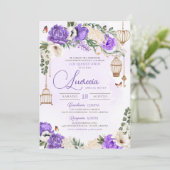 Lavender Gold Butterfly Floral Elegantes Quinceañe Einladung (Stehend Vorderseite)