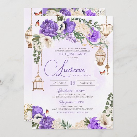 Lavender Gold Butterfly Floral Elegantes Quinceañe Einladung (Vorne/Hinten)