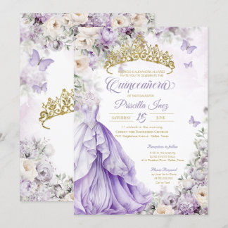 Lavender & Gold Butterfly Princess Quinceañera Einladung