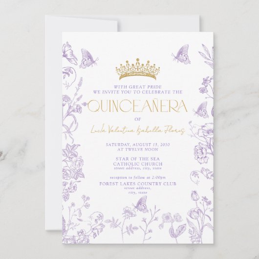 Lavender Gold Butterfly QR Quinceañera Quince Años Einladung (Vorderseite)