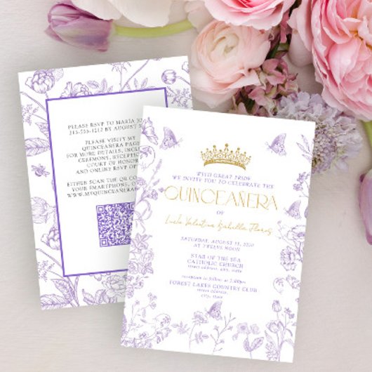 Lavender Gold Butterfly QR Quinceañera Quince Años Einladung