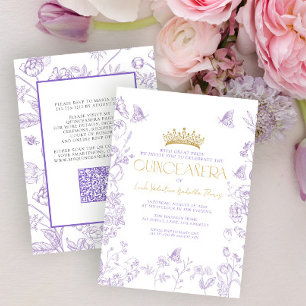 Lavender Gold Butterfly Quinceañera QR Quince Años Einladung