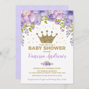 Lavender Gold Crown Princess Floral Baby Dusche Einladung
