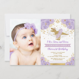 Lavender Gold Dinosaur T Rex Girl Birthday Foto Einladung