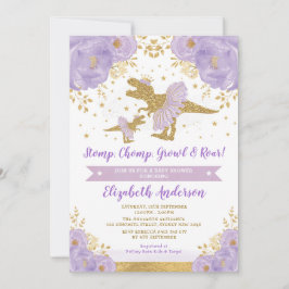 Lavender Gold Floral Dinosaur Girl Baby Dusche Einladung