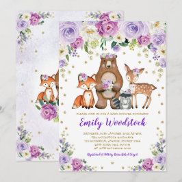 Lavender Gold Floral Woodland Animals Baby Dusche Einladung