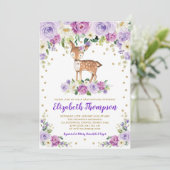 Lavender Gold Floral Woodland Deer Baby Dusche Einladung (Stehend Vorderseite)